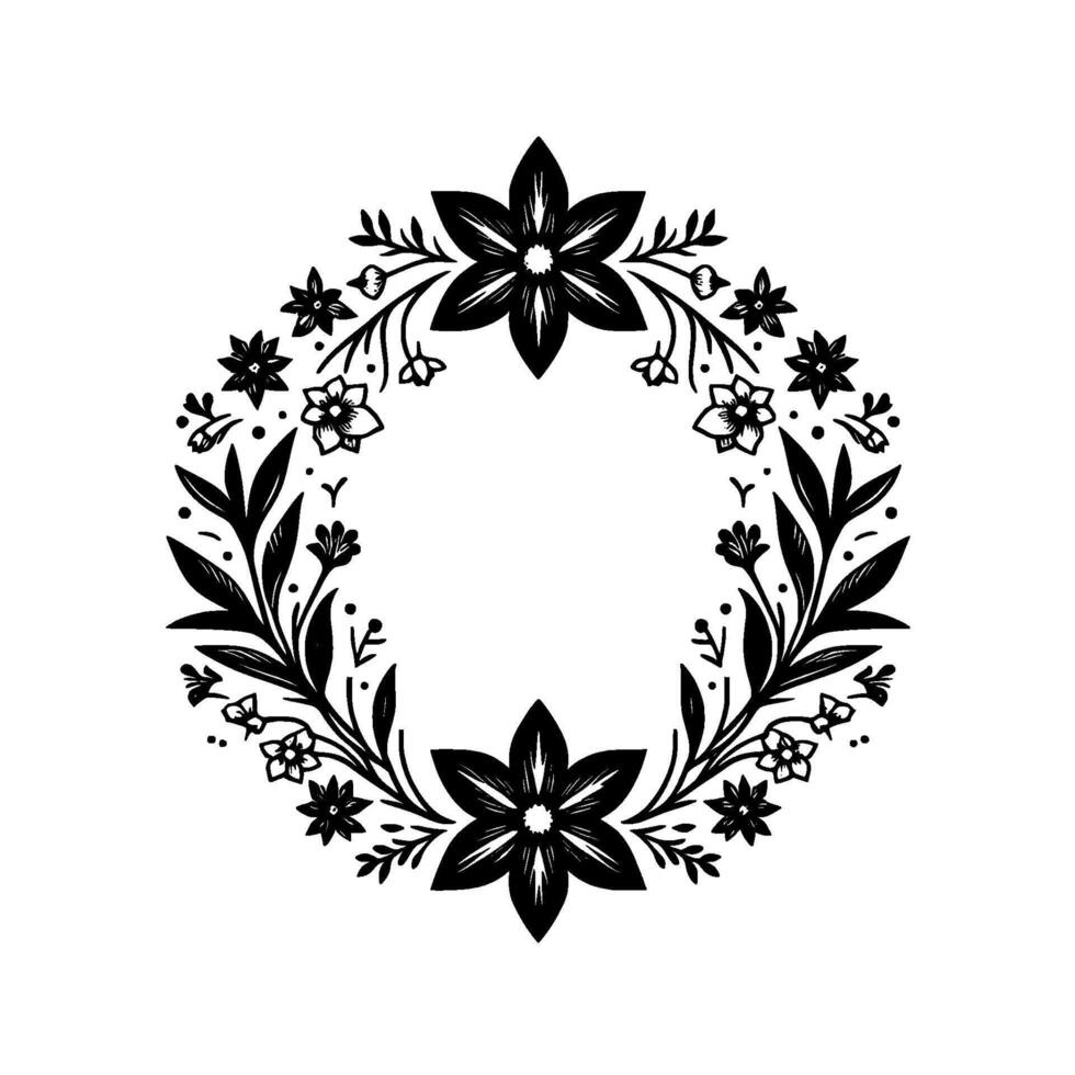 Intricate black and white floral wreath featuring stylized flowers, leaves, and sprigs in a symmetrical circular pattern. vector