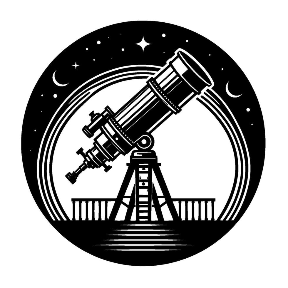 Monochromatic illustration of a telescope gazing into the night sky, encircled by stars, moons, and layered borders, evoking exploration. vector