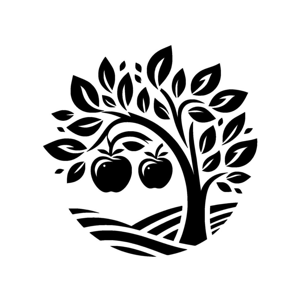 Minimalist black and white apple tree illustration, fruitladen branches, stylized landscape with curved lines. vector