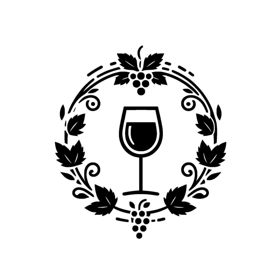 Elegant black and white minimalist wine glass encircled by a wreath of grapes, leaves and vines, perfect for a vineyard or winery. vector