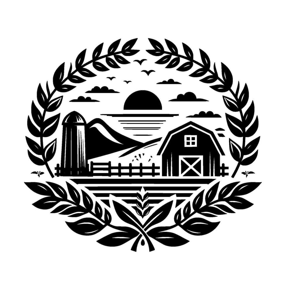 Farm emblem in a circular wreath barn, silo, landscape, birds, sun, and clouds in a simple black and white design. vector