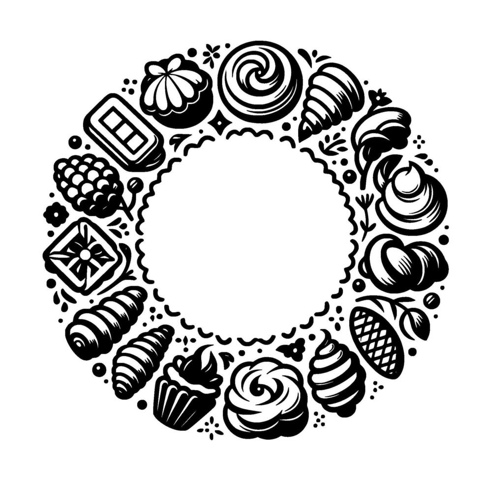 A circular black and white illustration of various pastries and baked goods arranged around a blank, scallopededged space. vector