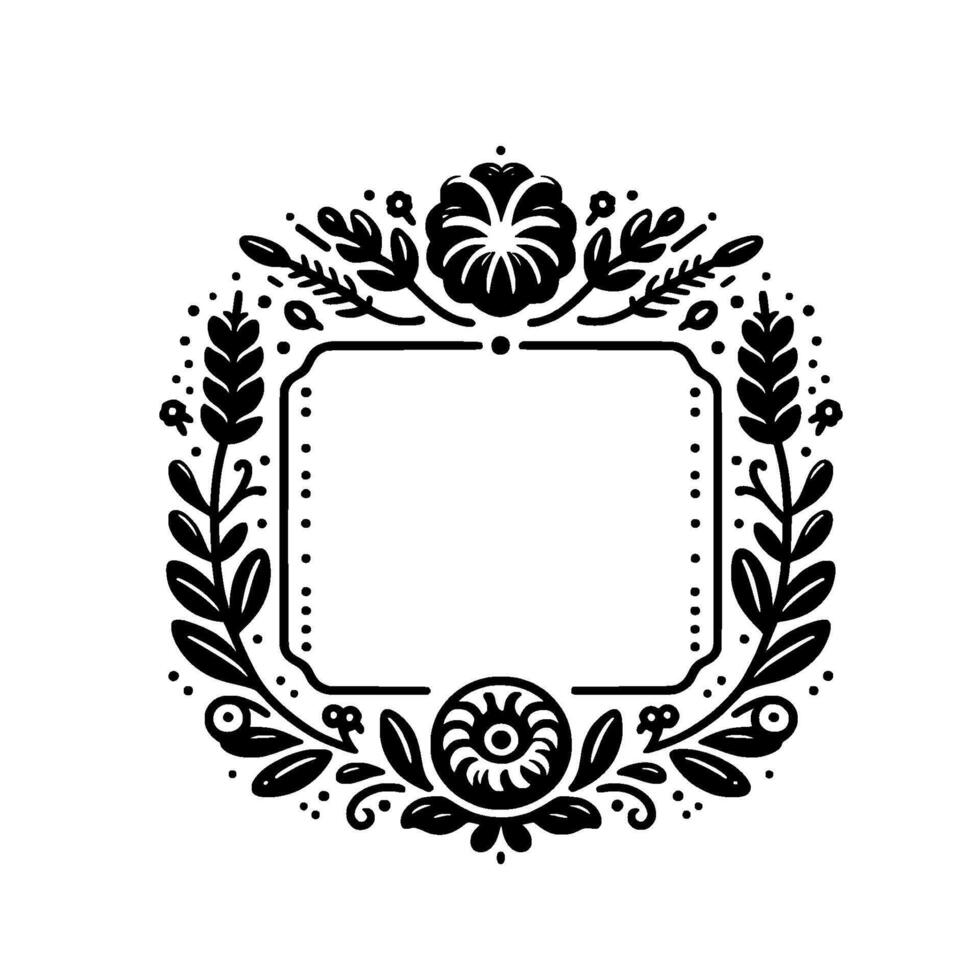 Ornate Black White Floral Frame with Blank Center A symmetrical illustration featuring detailed botanical elements framing a rectangular space. vector