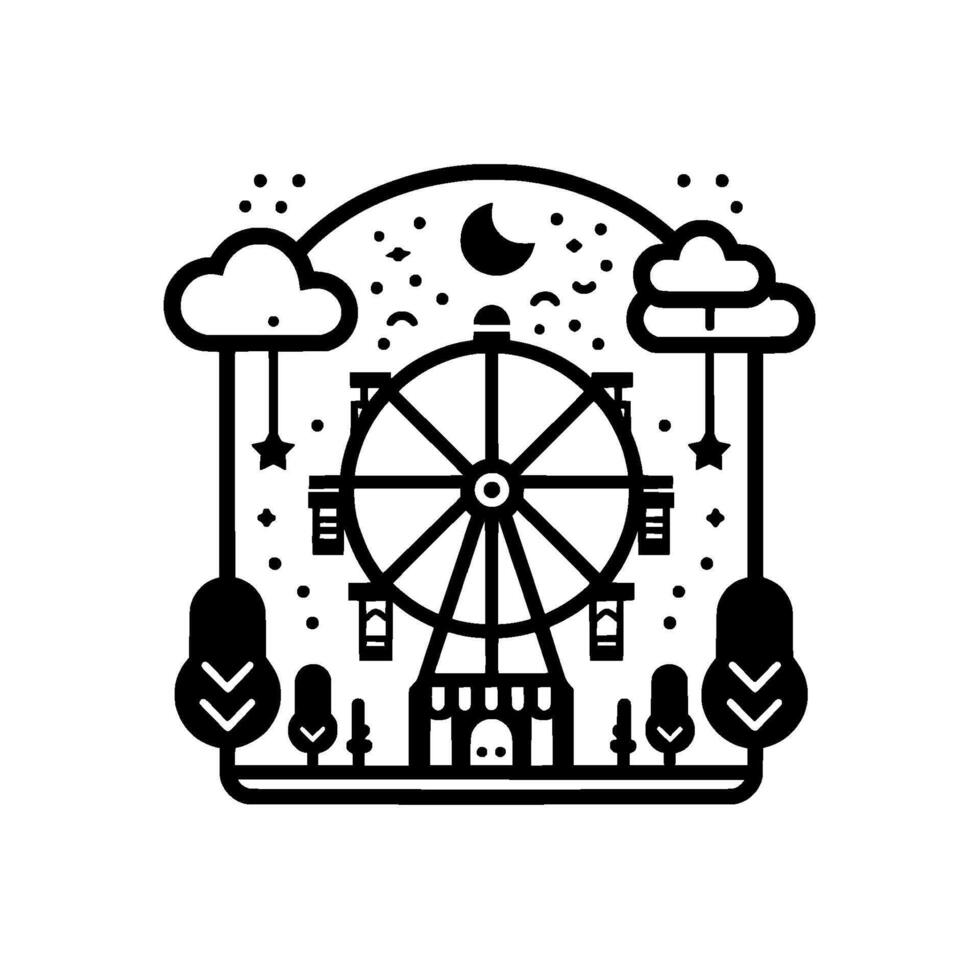 A whimsical, minimalist illustration of a nighttime carnival scene featuring a Ferris wheel, starry sky, and stylized clouds. vector