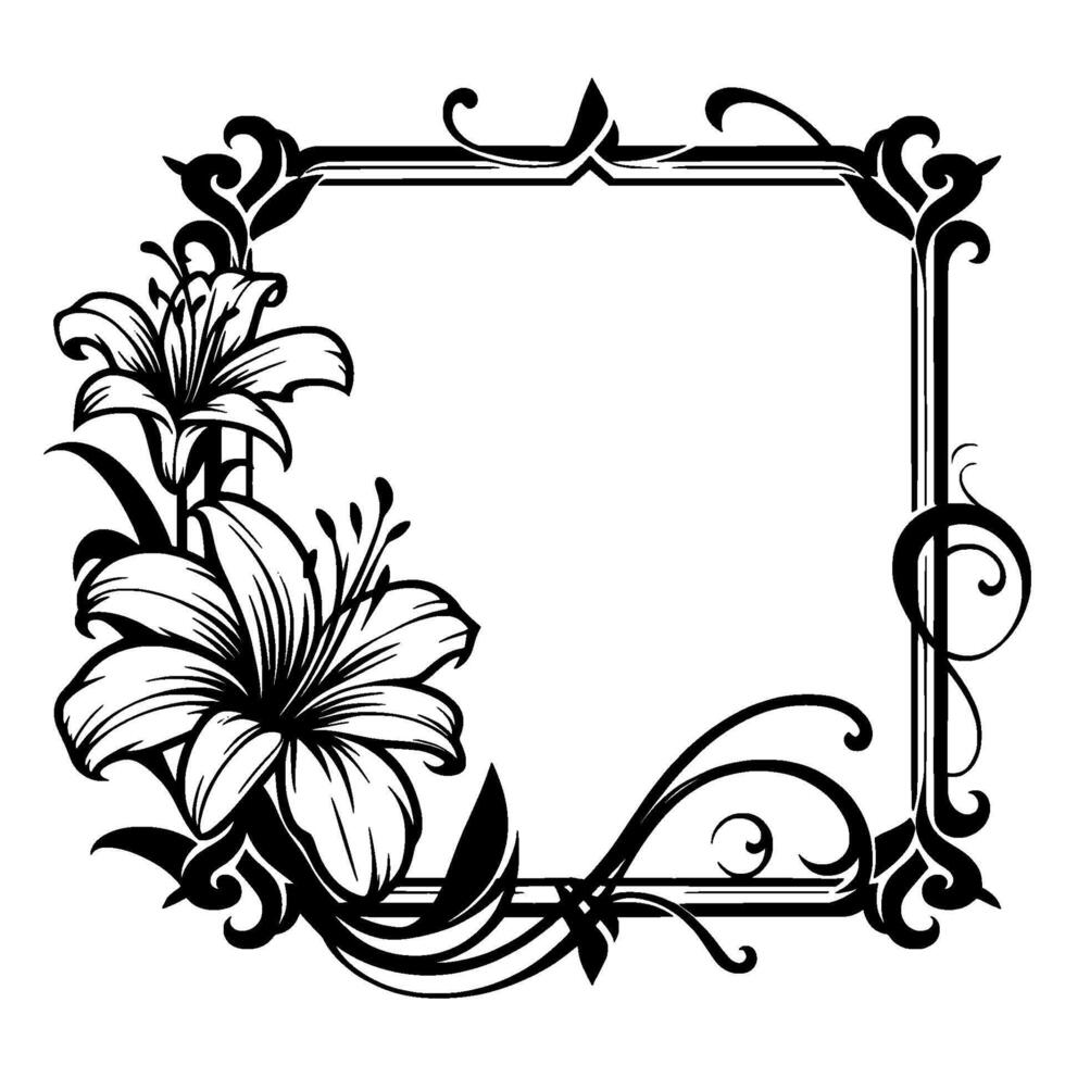 Elegant Black and White Floral Frame with Lilies, Vines, and Ornate Corner Design. vector