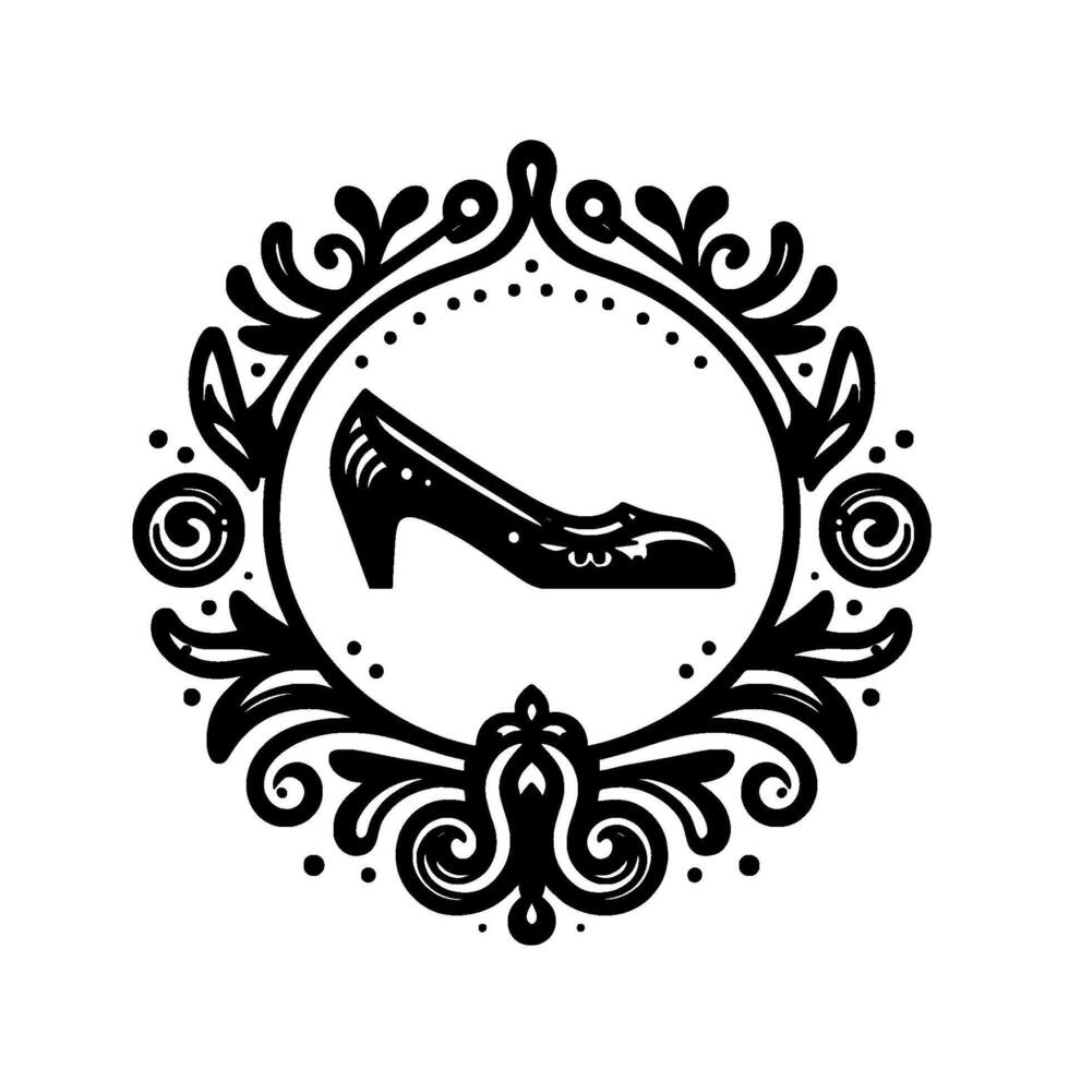 Elegant Black High Heel Shoe Silhouette in an Ornate Circular Frame with Decorative Floral Elements, Isolated on White. vector