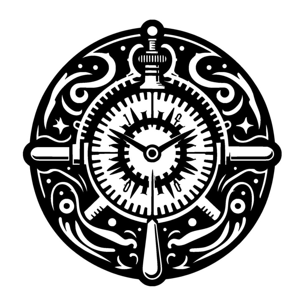 Intricate Black White Clock in a Round Frame, Features Nautical Elements and Ornamental Flourishes. vector