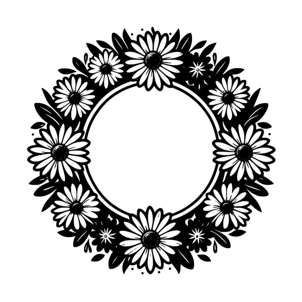 Elegant black and white floral wreath design, daisy flowers encircling a blank circular space, decorative element. vector