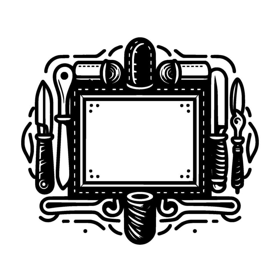 Black and White Culinary Frame Decorative border with knives, a spoon, and cooking tools surrounding a blank rectangular space. vector