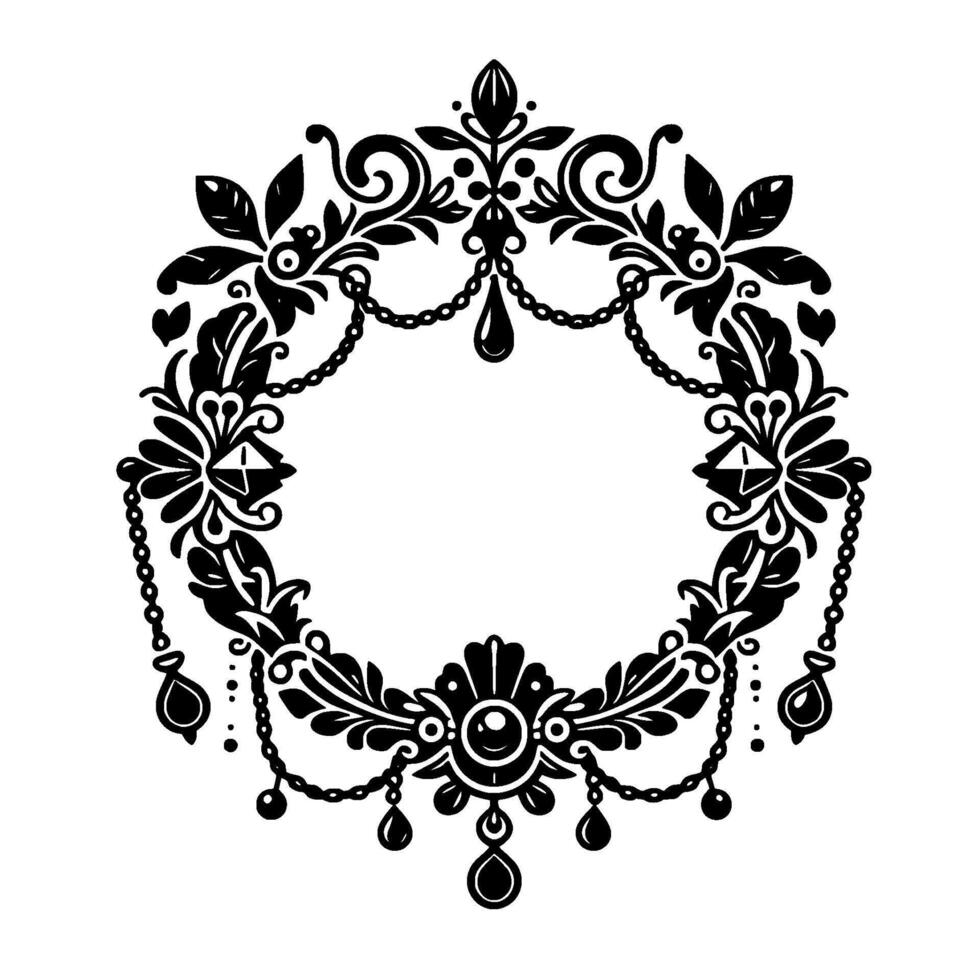 Ornate Black and White Floral Frame with Chains, Teardrop Pendants, Leafy Embellishments, and Gem Accents on White Background. vector