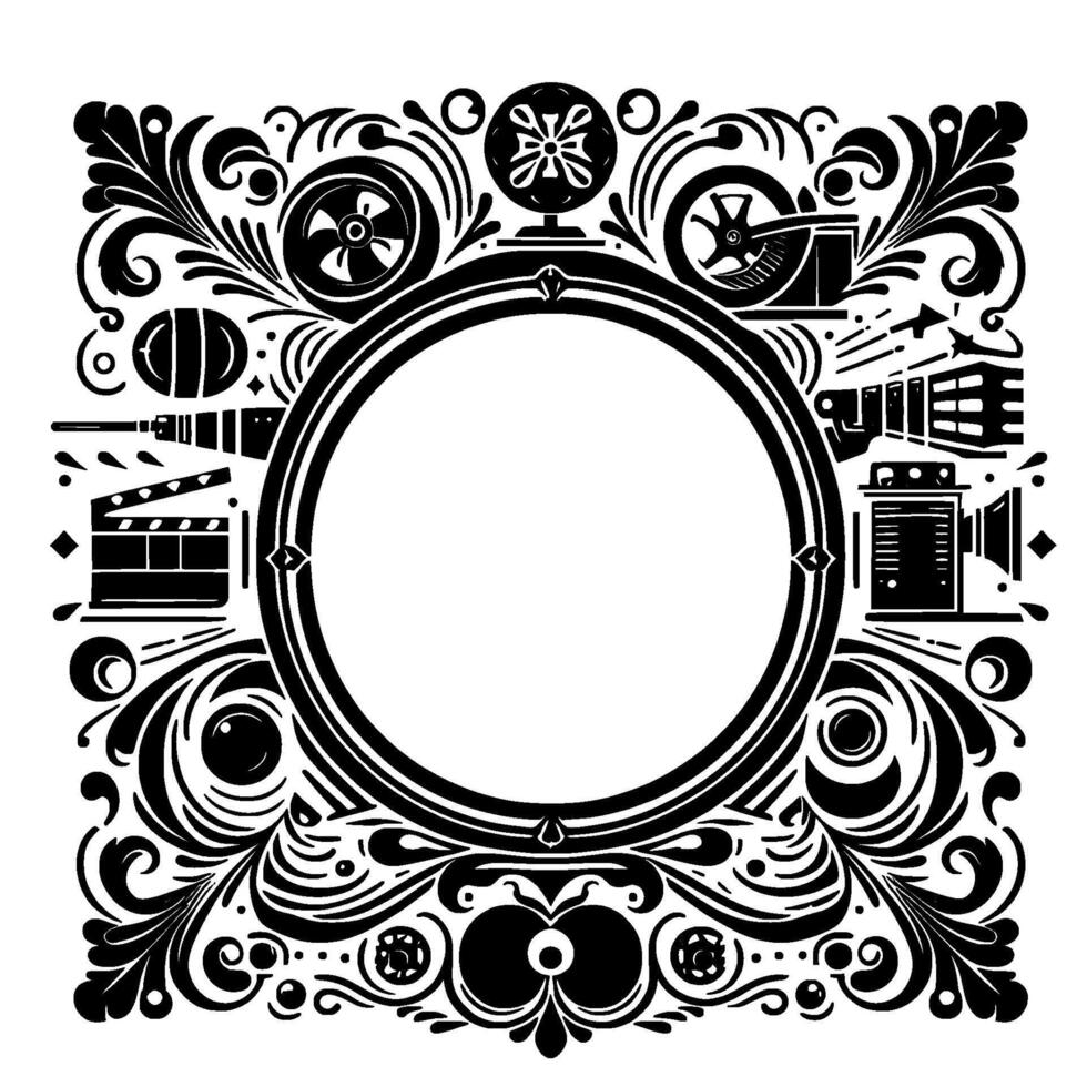 Decorative Film Frame with Film Elements Clapper, Camera, Projector, and Floral Ornamentation, Black and White Art. vector