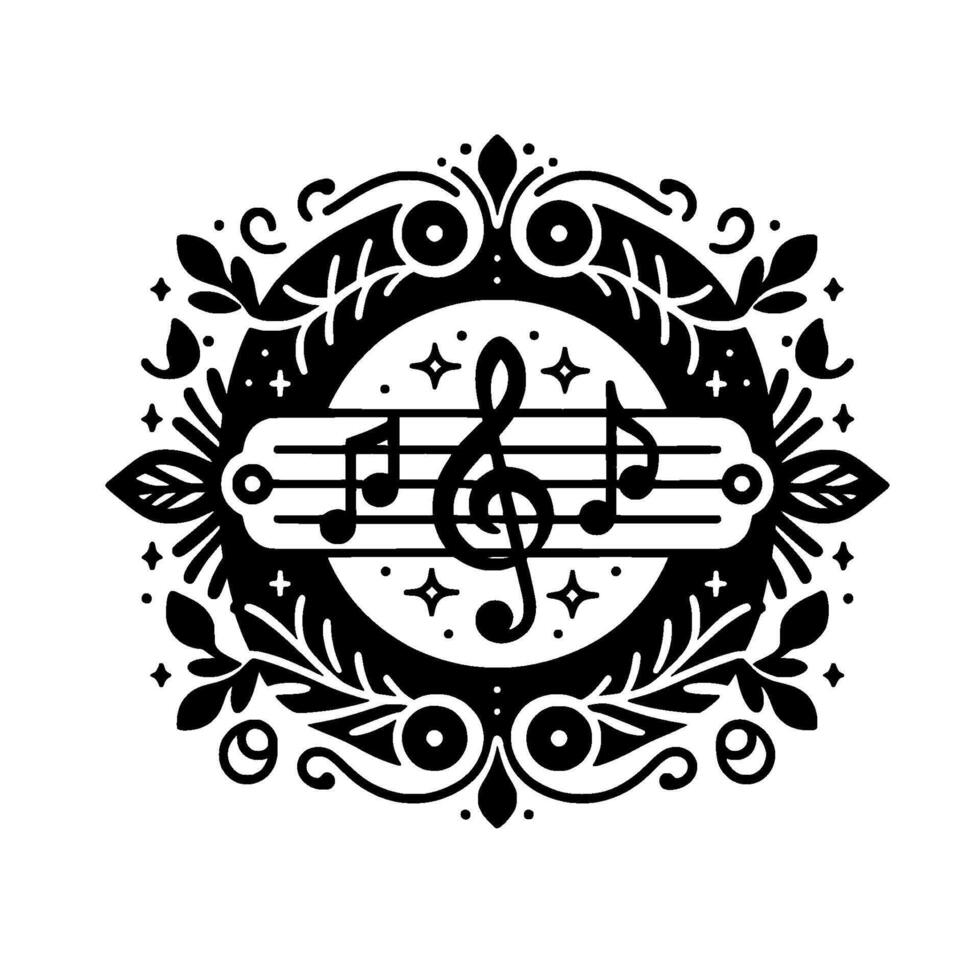 Ornate Black and White Musical Composition Emblem Treble Clef and Notes Within a Floral, Circular Decorative Design. vector