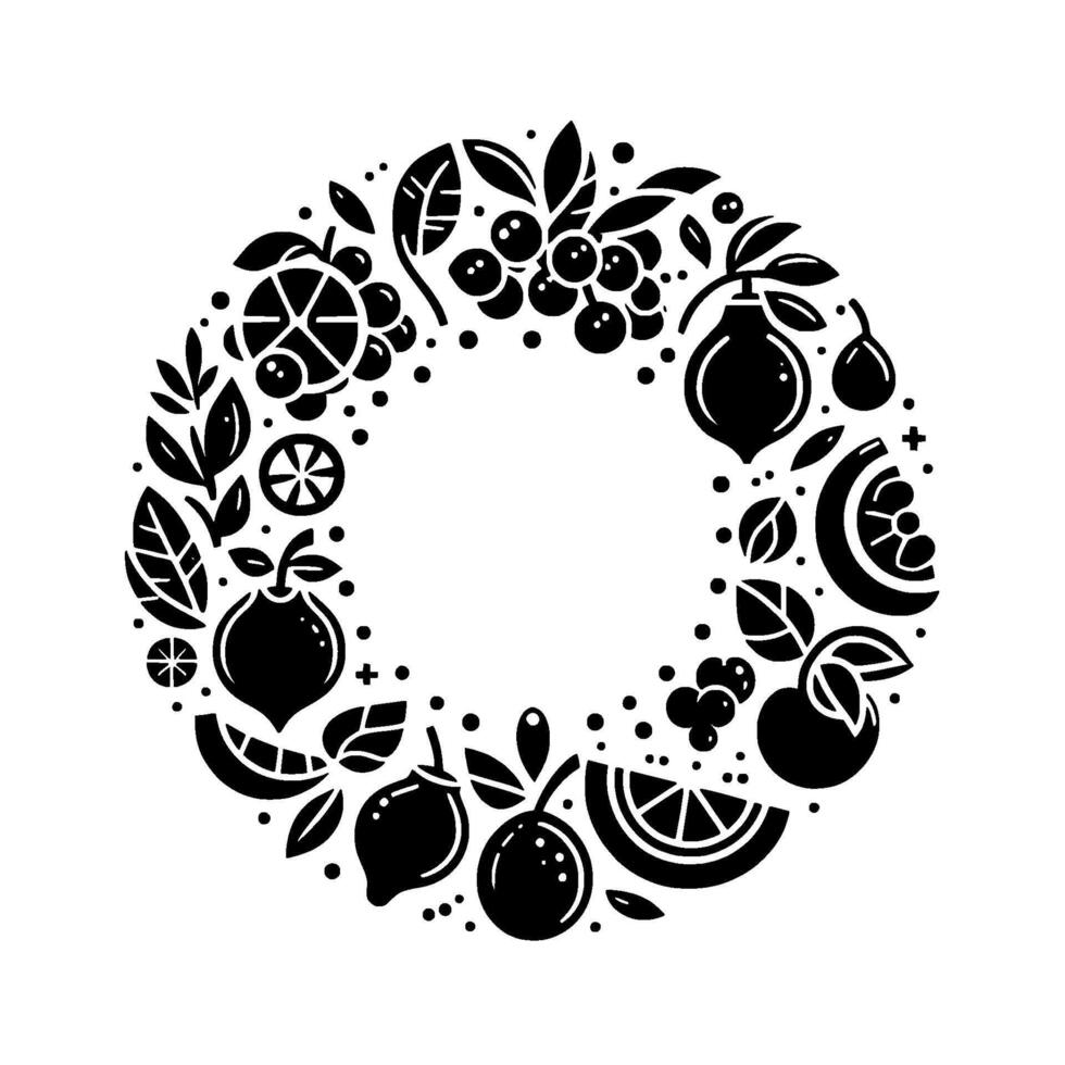 Minimalist Monochrome Fruit Wreath A Circular Composition of Citrus, Berries, and Leaves, with a Clean, Modern Aesthetic. vector