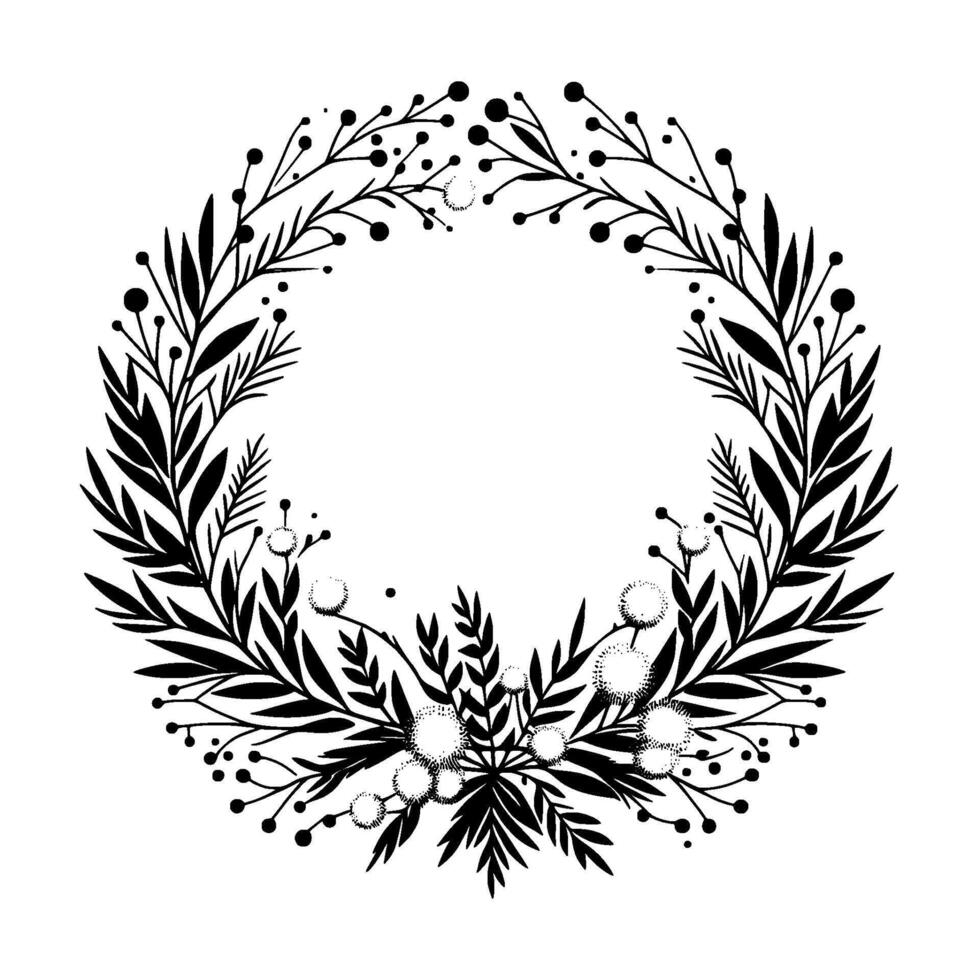 Elegant Black and White Floral Wreath Illustration Botanical with Leaves, Berries, and Detailed Art. vector