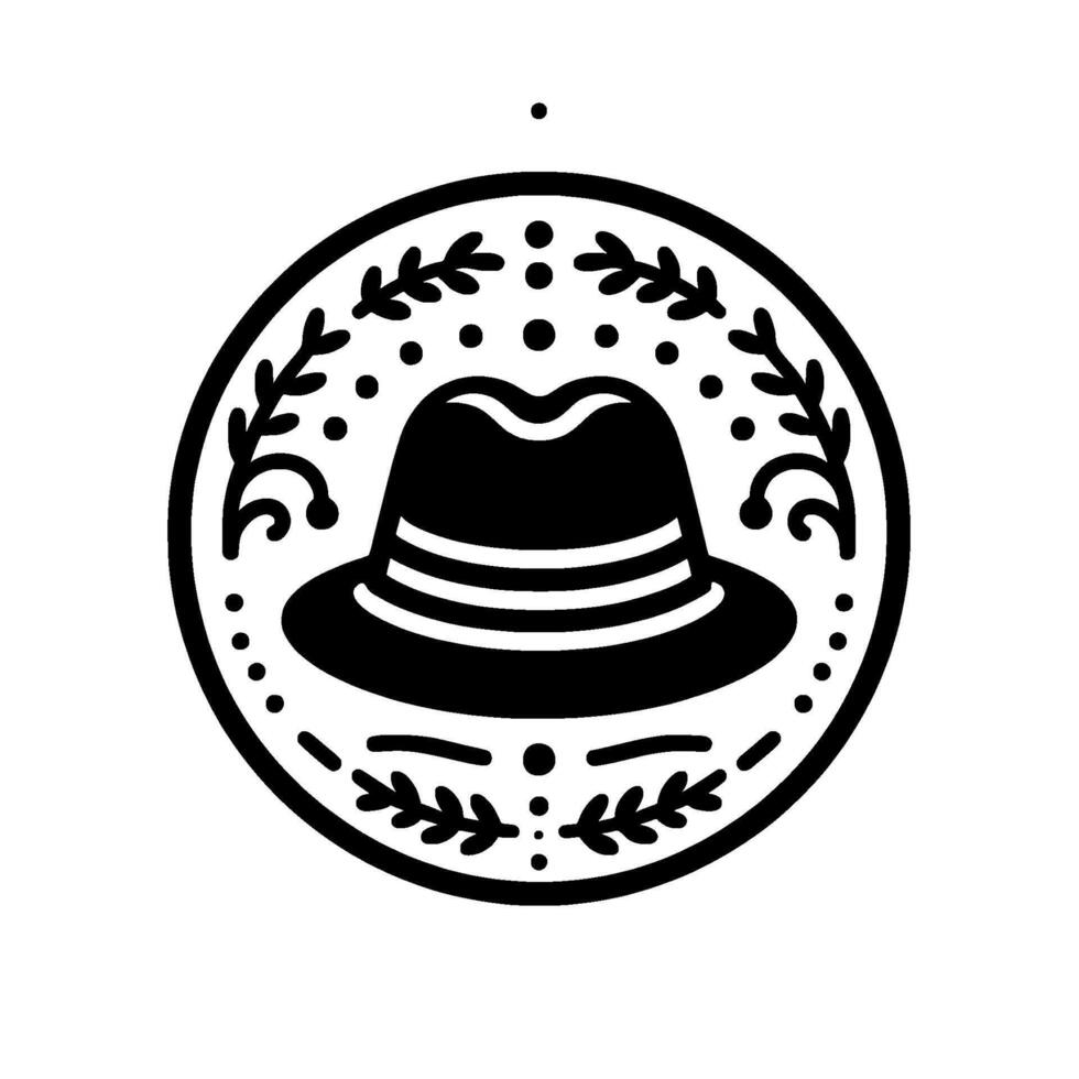 A stylized black fedora hat encircled by a dotted line and adorned with foliate details, embodying classic elegance and simple design. vector