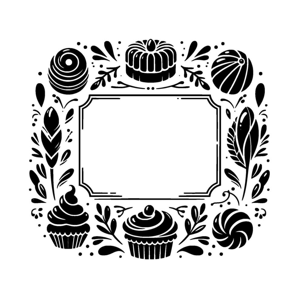 Ornate Black White Illustration Framed Sweets Bordered by Decorative Flourishes, Emphasizing Cakes Cupcakes, with a Central Blank Space. vector