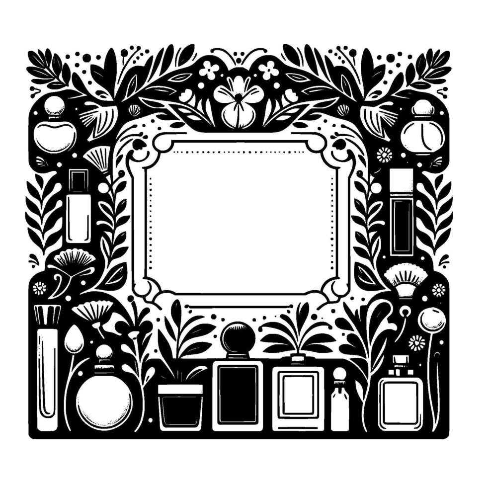 Elegant Black and White Perfume Bottle Border with Floral Accents and Empty Center Frame for Branding or Text. vector