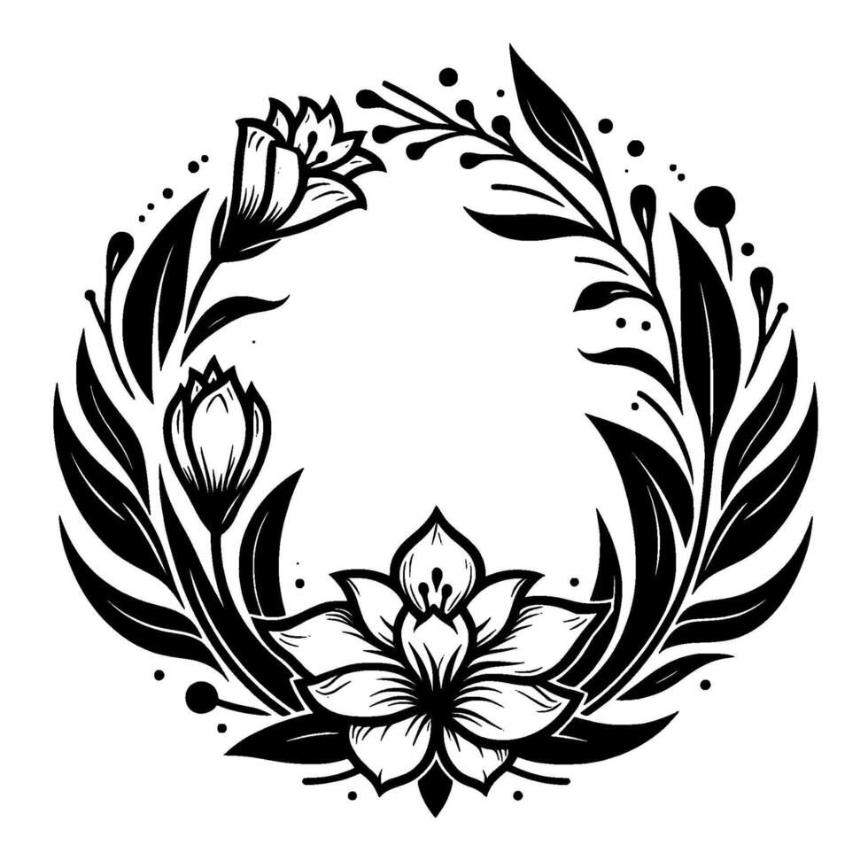 Elegant Black and White Floral Wreath with Detailed Flowers, Leaves, and Delicate Dots, Perfect for Wedding Invitations and Designs. vector