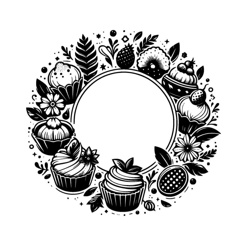 Black and White Circular Featuring Cupcakes, Flowers, and Berries Forming a Wreath Around a Blank Circular Space for Text or Logos. vector