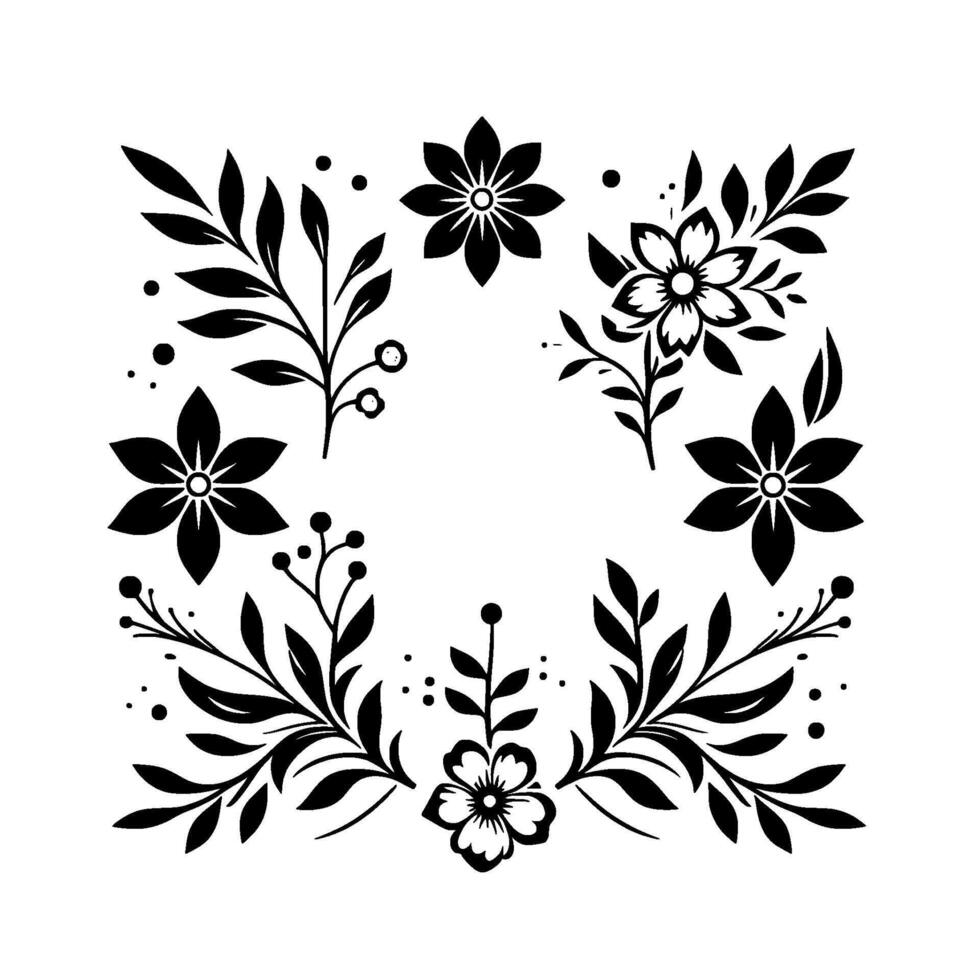 Elegant black and white floral illustration, arranged in a semicircular wreath with flowers, leaves and berries. vector