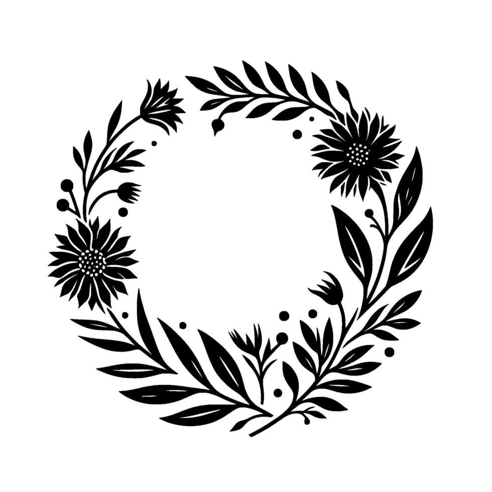 Elegant Black White Floral Wreath Illustration with Sunflowers, Leaves, and Berries on a White Background. vector