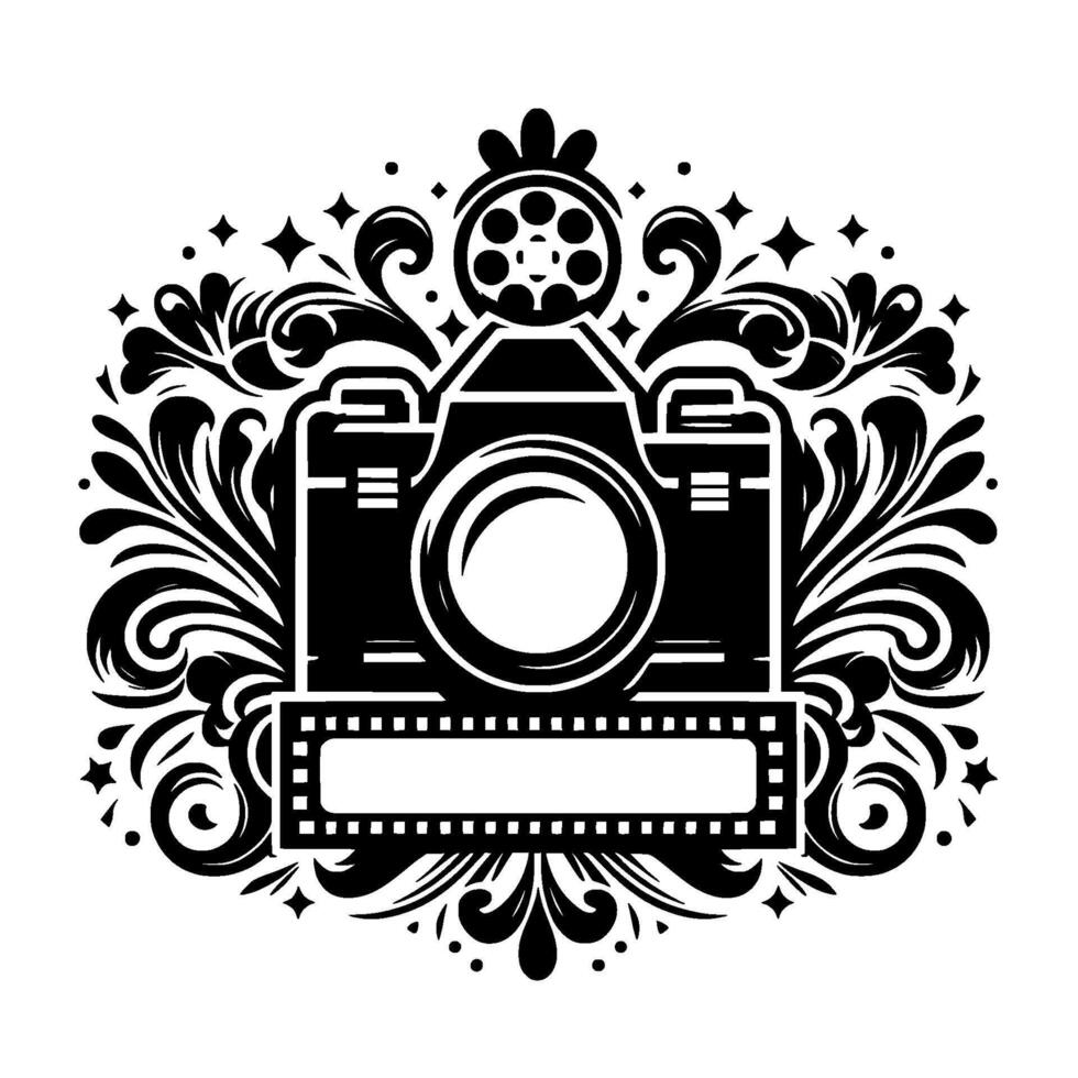 Ornate Black and White Camera Emblem with Film Reel, Scrollwork, and Stars, perfect for Photography or Filmmaking Studios. vector