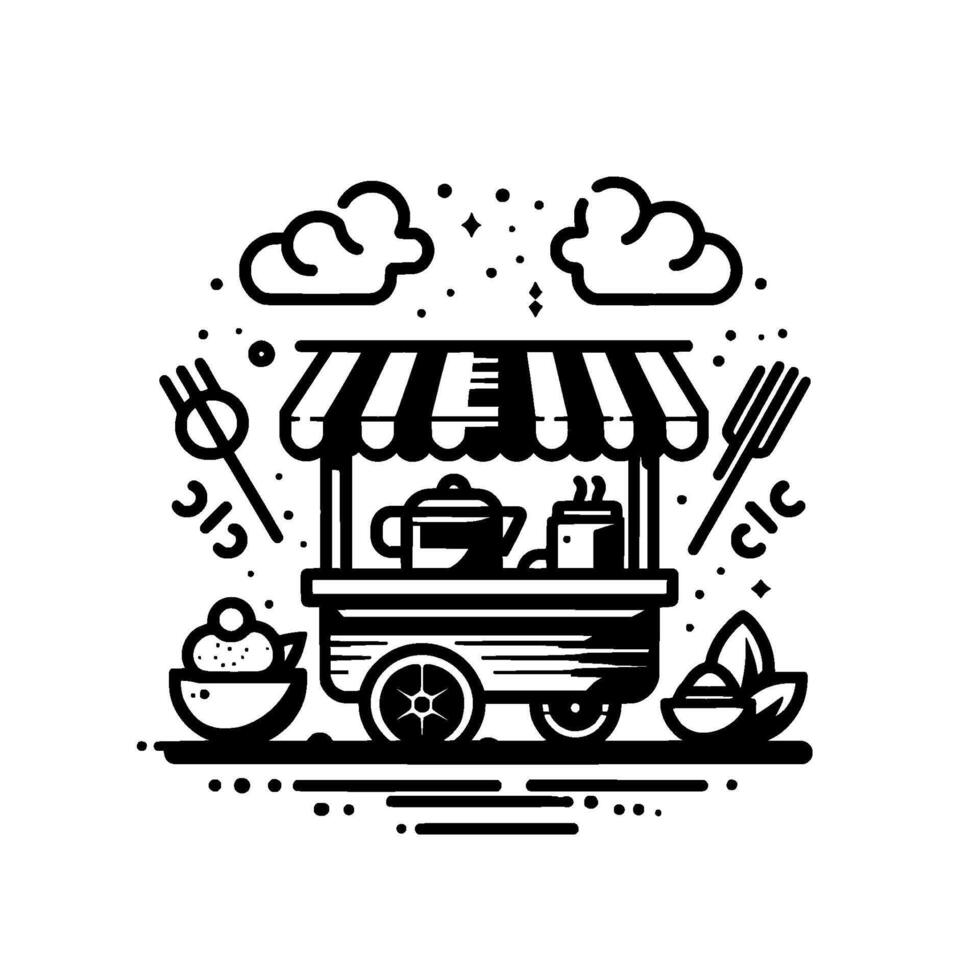 A charming monochrome illustration of a street food cart with tea set, dessert, and stylized elements, set against a backdrop of whimsical clouds and stars. vector