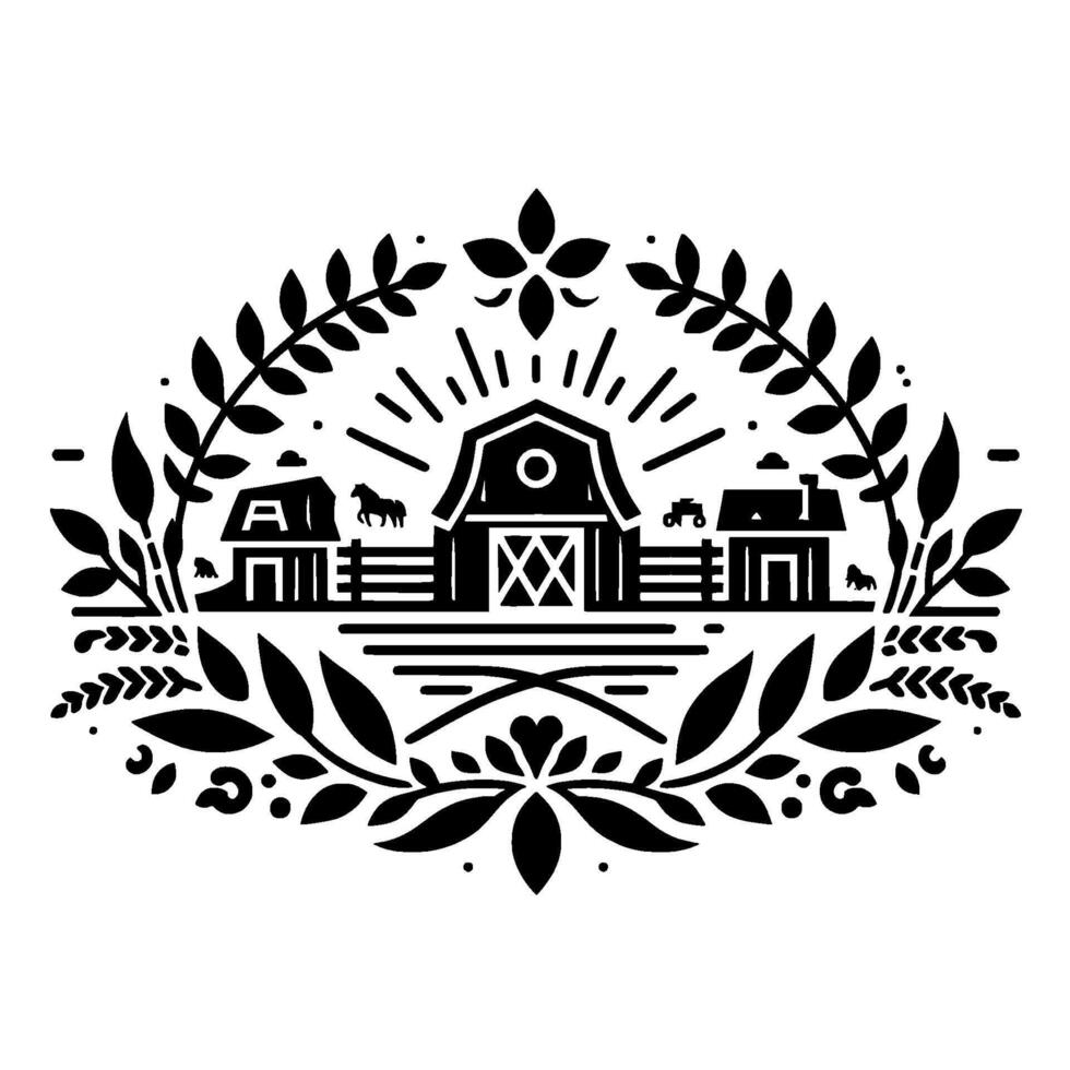 Black and White Farm Illustration Rustic rural scene with barns, animals, tractor, and floral decorative elements in a symmetrical, design. vector