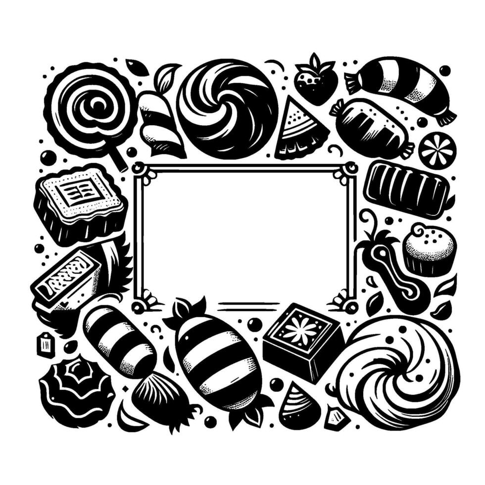 Intricate Black White Dessert Border A Detailed Frame Featuring Candies, Cakes, and Sweets with a Central Blank Space. vector