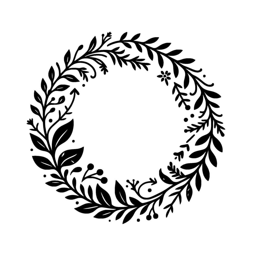 Minimalist Black Ink Wreath with Detailed Floral Elements, Berries, and Leaves on a White Background. vector