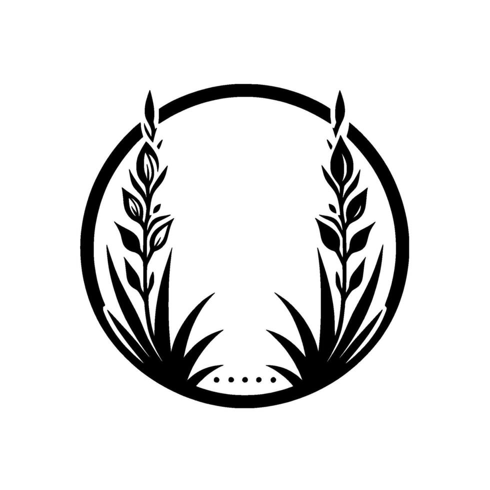 Minimalist Black White Floral Circle Featuring Wheatlike Stalks with Leaves, Forming a Symmetric Arrangement, with a Clean, Modern Aesthetic. vector