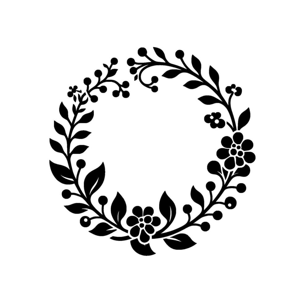 Symmetrical Black and White Circular Floral Wreath, Featuring Detailed Leaves, Berries, and Flowers, on a Clean White Backdrop vector