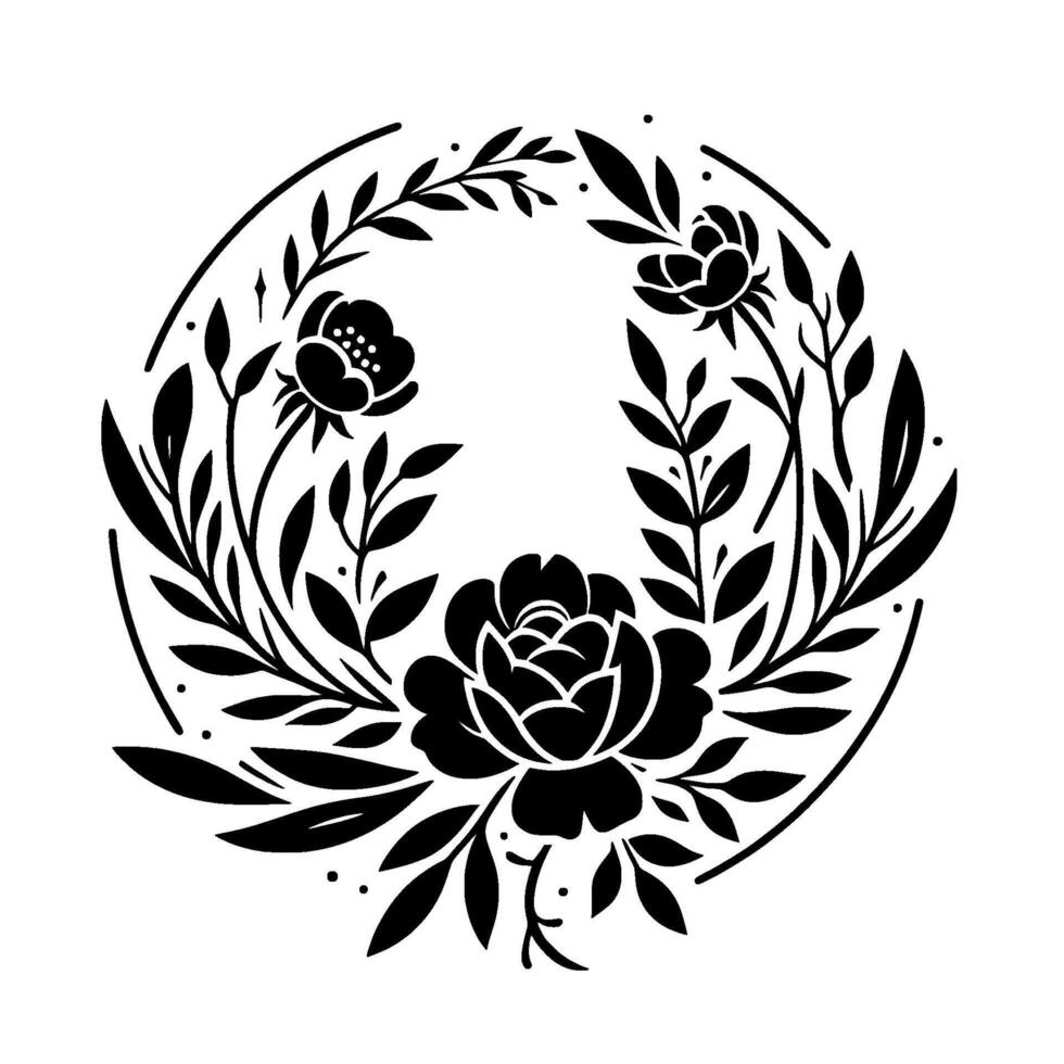 Intricate Black and White Floral Wreath Featuring Roses, Leaves, and Decorative Elements, Encased Within a Circular Frame on a Clean White Background. vector