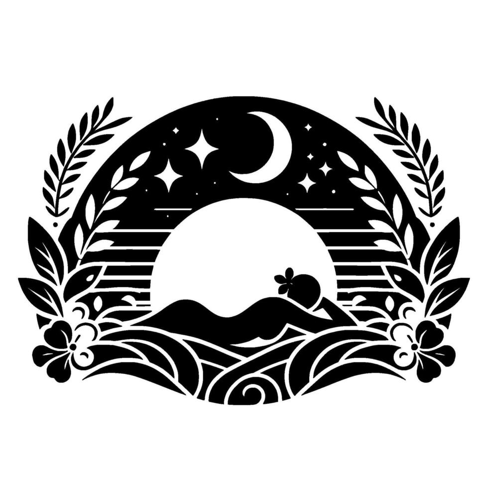 Silhouette of a woman reclining amidst waves, embraced by floral and starry night motifs, under a crescent moon. vector