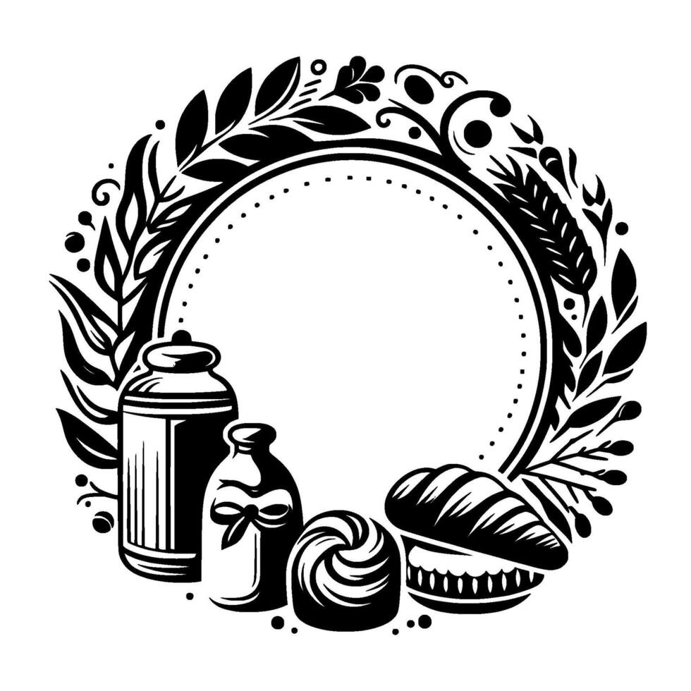 Elegant Black and White Bakery Icon Wheat wreath surrounding food items like milk bottles, bread, and pastries, perfect for a rustic cafe logo. vector