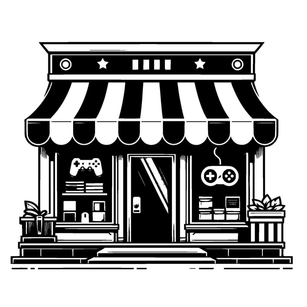 Illustration of a Retro Game Storefront, Featuring Controller Icons, Striped Awning, and Simple Black and White Design. vector