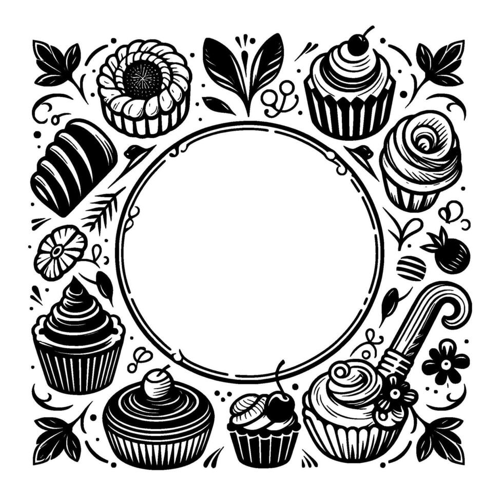 Intricate Black and White Dessert Frame Featuring Cupcakes, Pastries, and Floral Embellishments Surrounding a Circular Space. vector