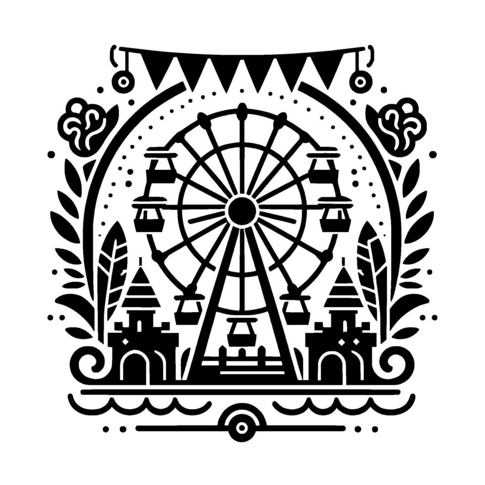 Stylized Black White Illustration Ferris Wheel, Castles, Banners, and Decorative Foliage in a Symmetrical Composition. vector