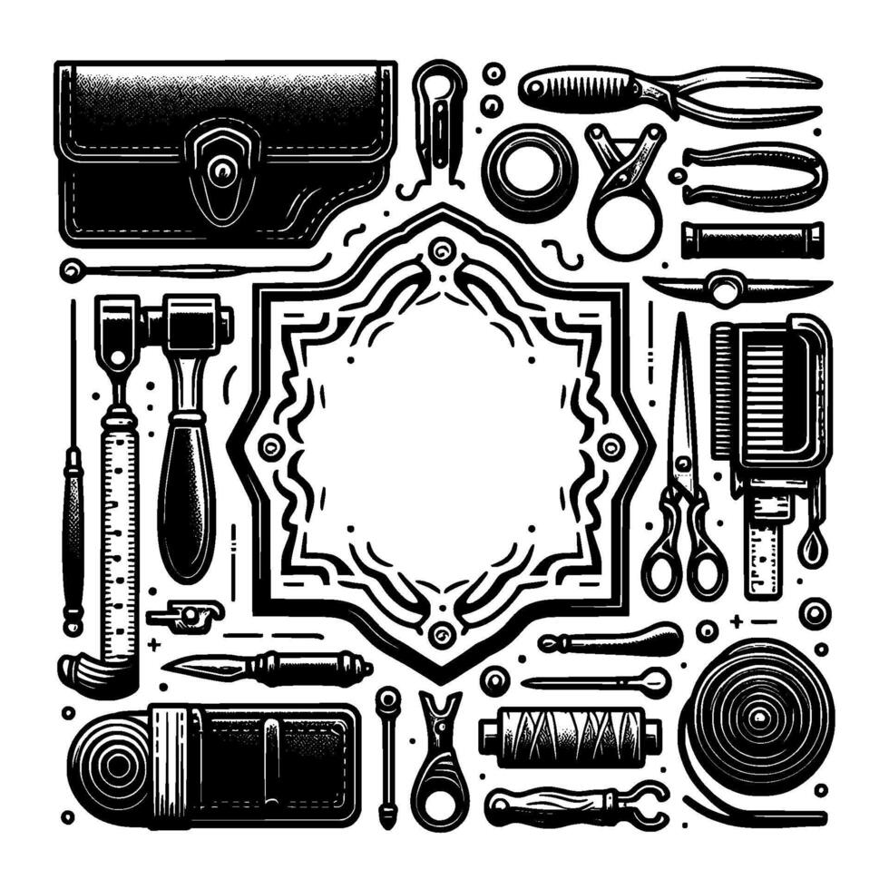 Illustrated collection of various leatherworking tools arranged around a decorative frame, in a monochrome style. vector