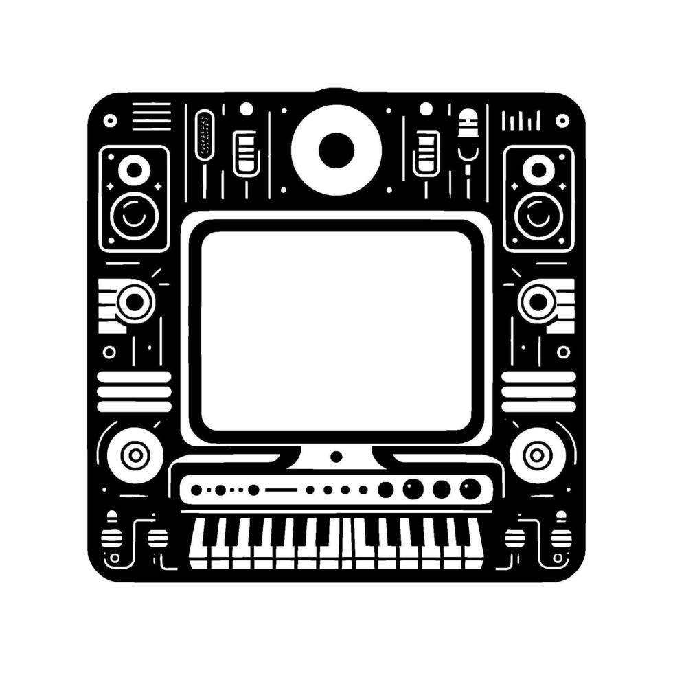 Monochromatic Illustration of a Music Production Console, Featuring Computer Screen, Speakers, and a Keyboard. vector