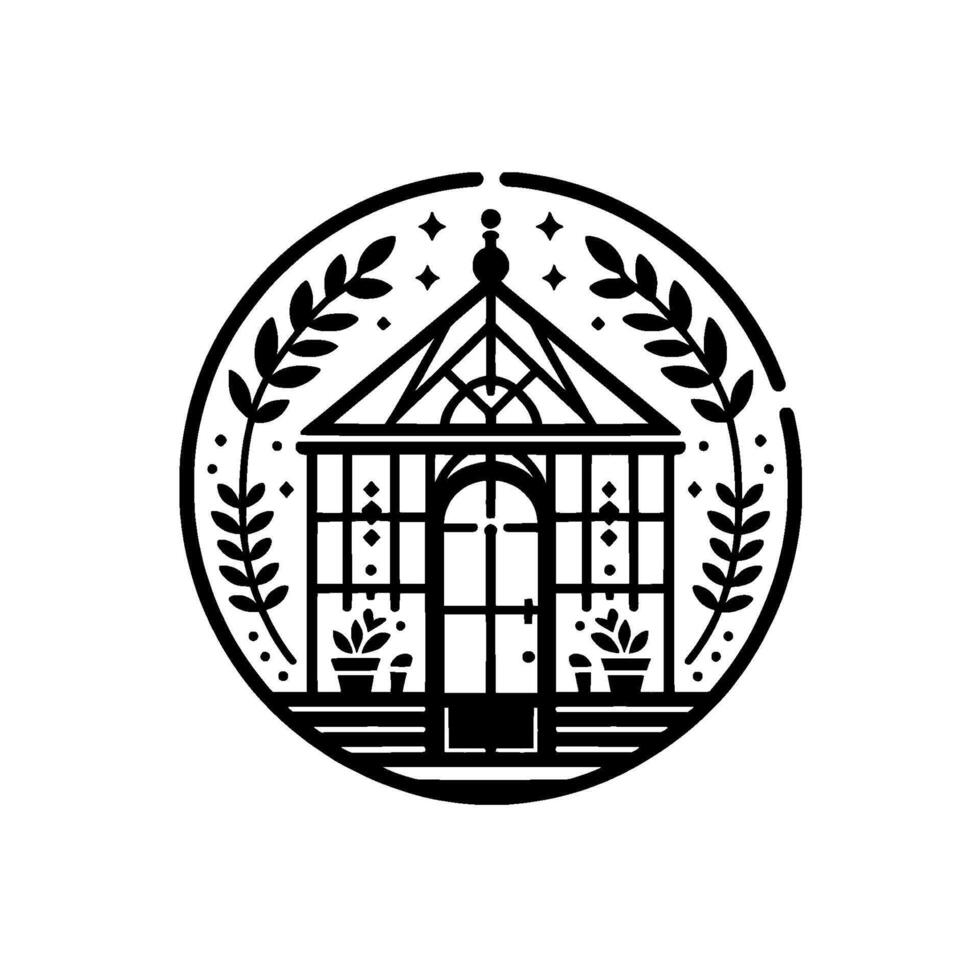Elegant Greenhouse Emblem in Black and White, Surrounded by Floral Foliage and Star Details, Circular Design. vector