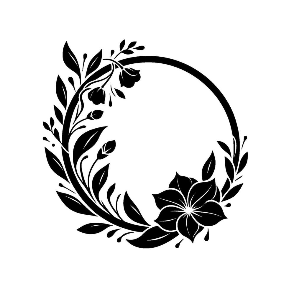 Elegant monochrome floral wreath featuring stylized leaves, buds and flowers, creating a circular frame with a minimalist aesthetic on a white background. vector