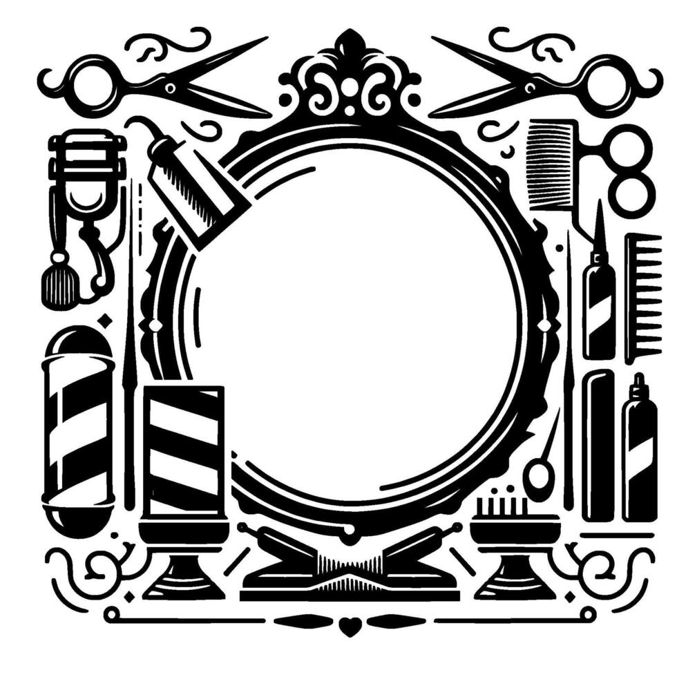 Barber Shop Emblem A symmetrical black and white illustration featuring a central circle surrounded by barbering tools. vector