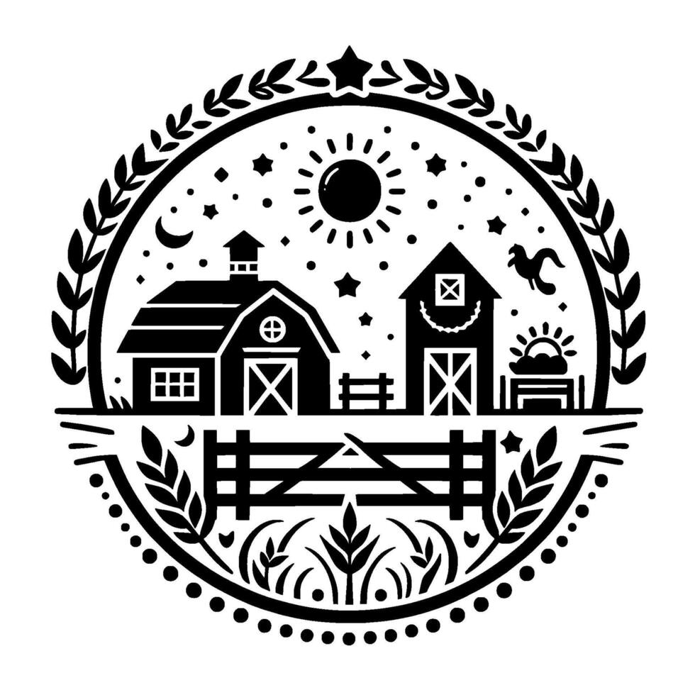 A stylized, black and white farm scene illustration inside a circular border featuring barns, fences, sun, stars, and natural elements. vector