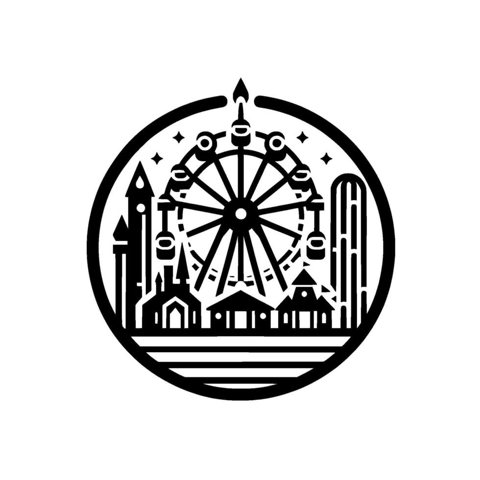 Black and White Circular Illustration Amusement Park Silhouette with Ferris Wheel, Buildings, and Stars. vector