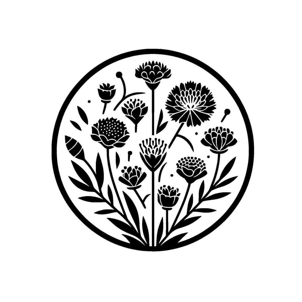 Elegant Black and White Floral Arrangement Inside a Circle, Stylized Botanical Illustration with Detailed Silhouette of Various Flowers and Leaves. vector