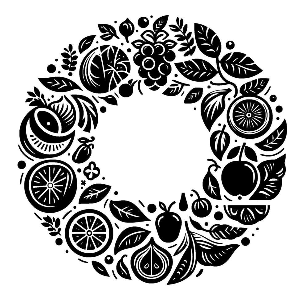 Intricate black and white illustration of a circular wreath composed of stylized fruits, leaves, and berries, embodying a natural and wholesome aesthetic. vector