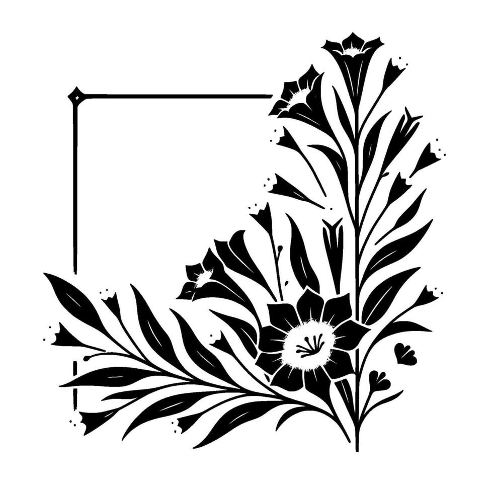 Ornate Corner Floral Design Black Silhouette Flowers and Leaves Enclosing a Rectangle on White Background. vector