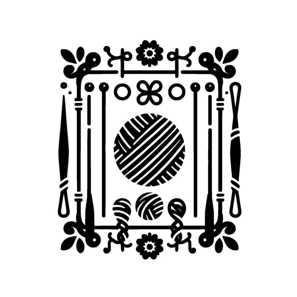 Stylized Black and White Illustration Yarn Ball, Knitting Needles, Floral Decorative Frame Composition. vector