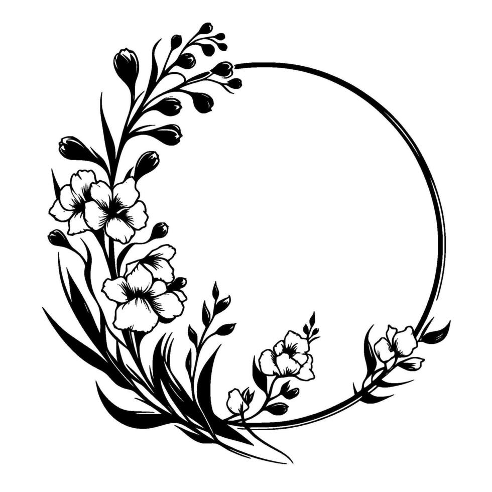 Elegant Black and White Floral Circle Frame with Detailed Flowers, Leaves, and Buds on White Background. vector